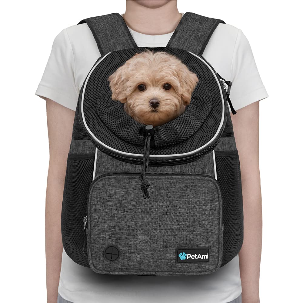Petami Dog Front Carrier Backpack, Adjustable Dog Pet Cat Chest Carrier Backpack, Ventilated Dog Carrier For Hiking Camping Travel, Small Medium Dog Puppy Large Cat Carrying Bag, Max 15 Lbs, Dark Gray