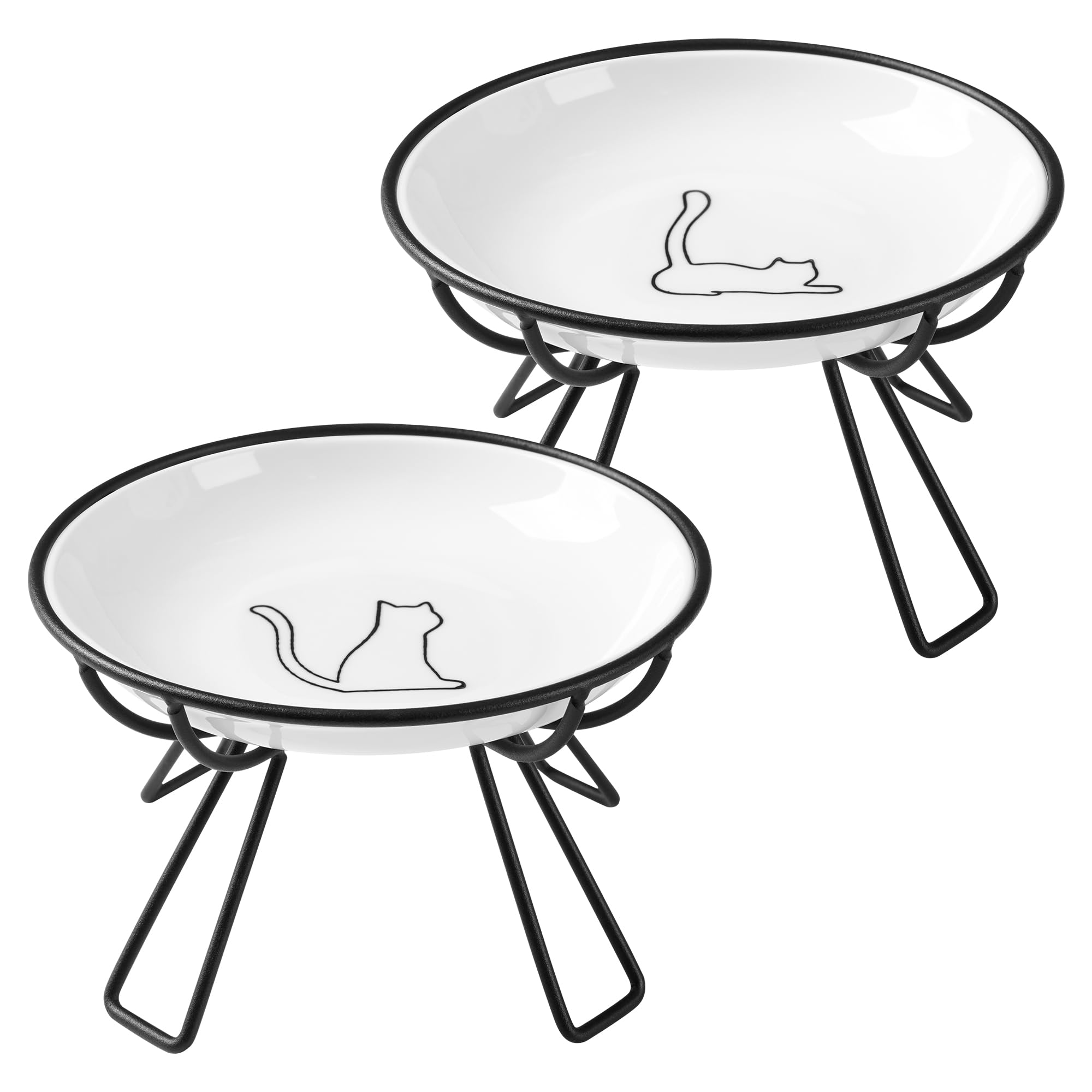 Kitwinney Ceramic Elevated Cat Bowls - Whisker Friendly, Anti-Vomiting, Stylish & Hygienic Cat Bowl Set (Line Cat, 2 Pack)