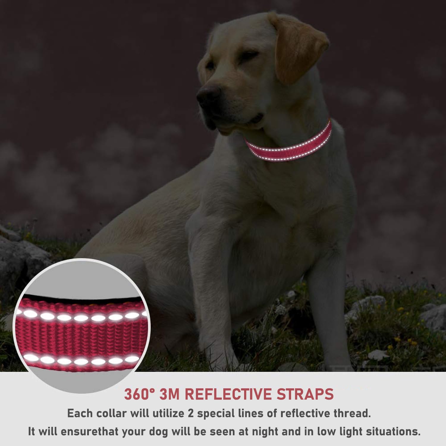 Reflective Dog Collar With Buckle Adjustable Safety Nylon Collars For Small Medium Large Dogs, Light Pink Xl