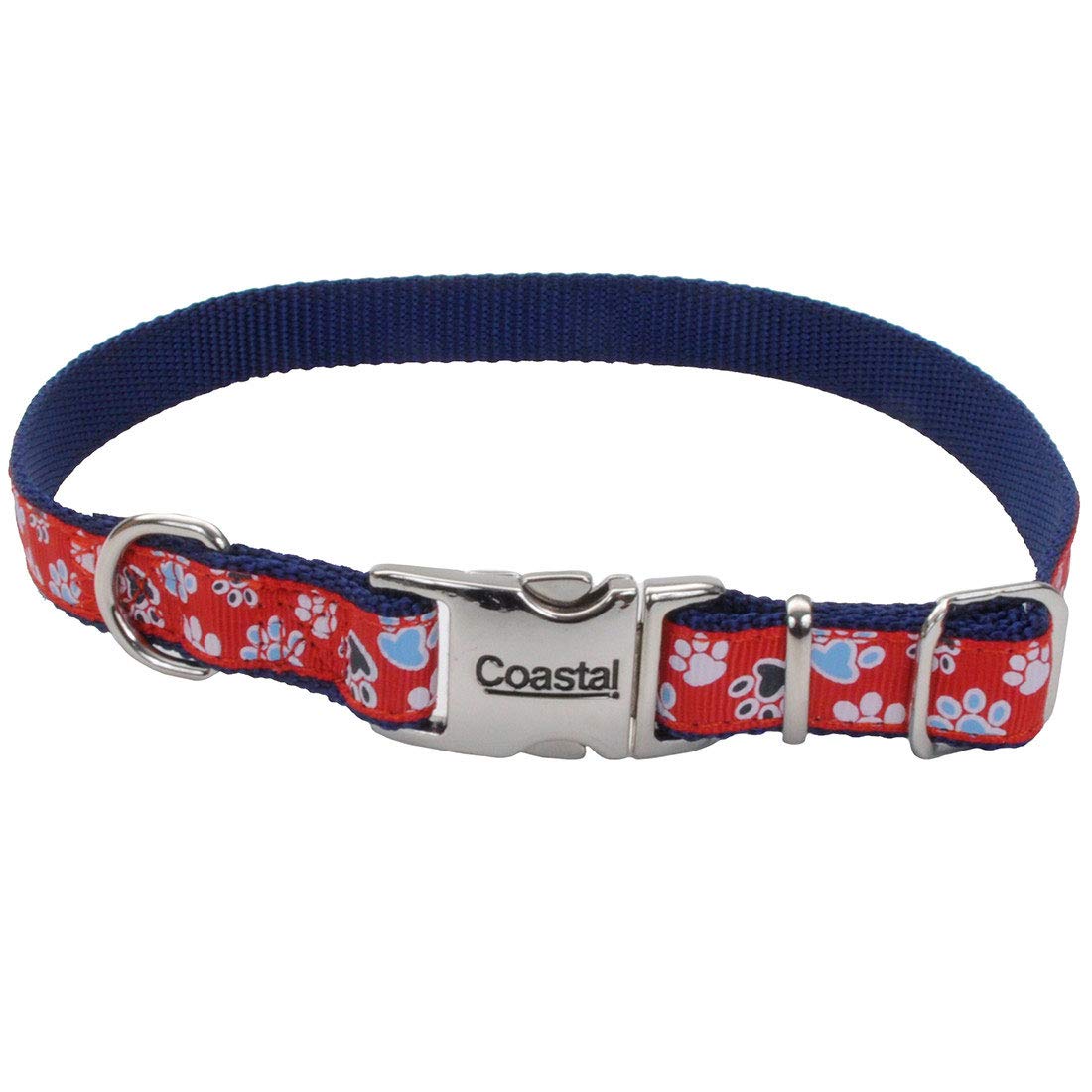Coastal Pet - Ribbon - Adjustable Dog Collar With Metal Buckle, Red With Paws, 5/8' X 12'-18'