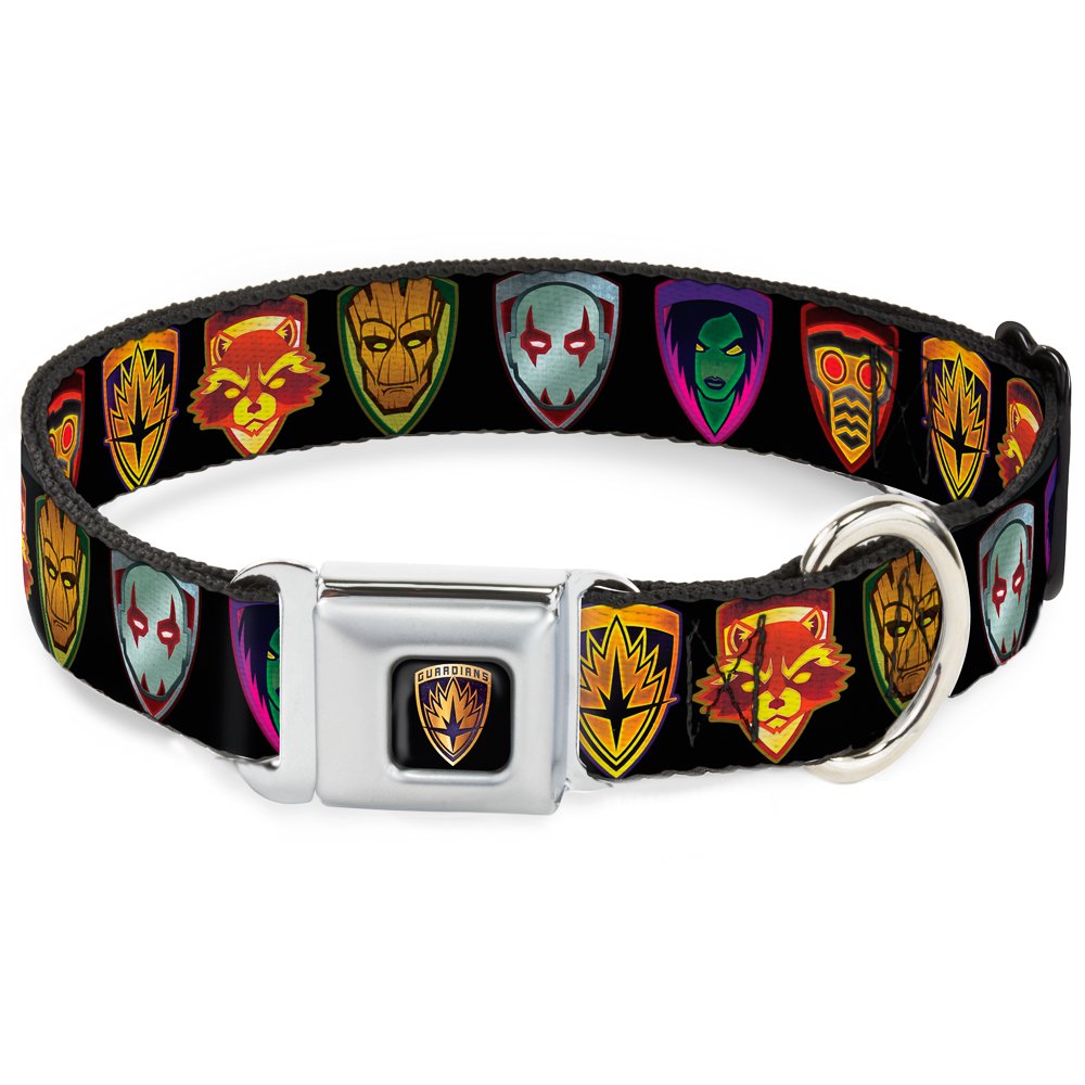 Buckle-Down Dc-Wmc111-L Seatbelt Dog Collar, Large, Guardians Of The Galaxy Badge/5-Character Icons Black/Multi Color, 1' Wide 