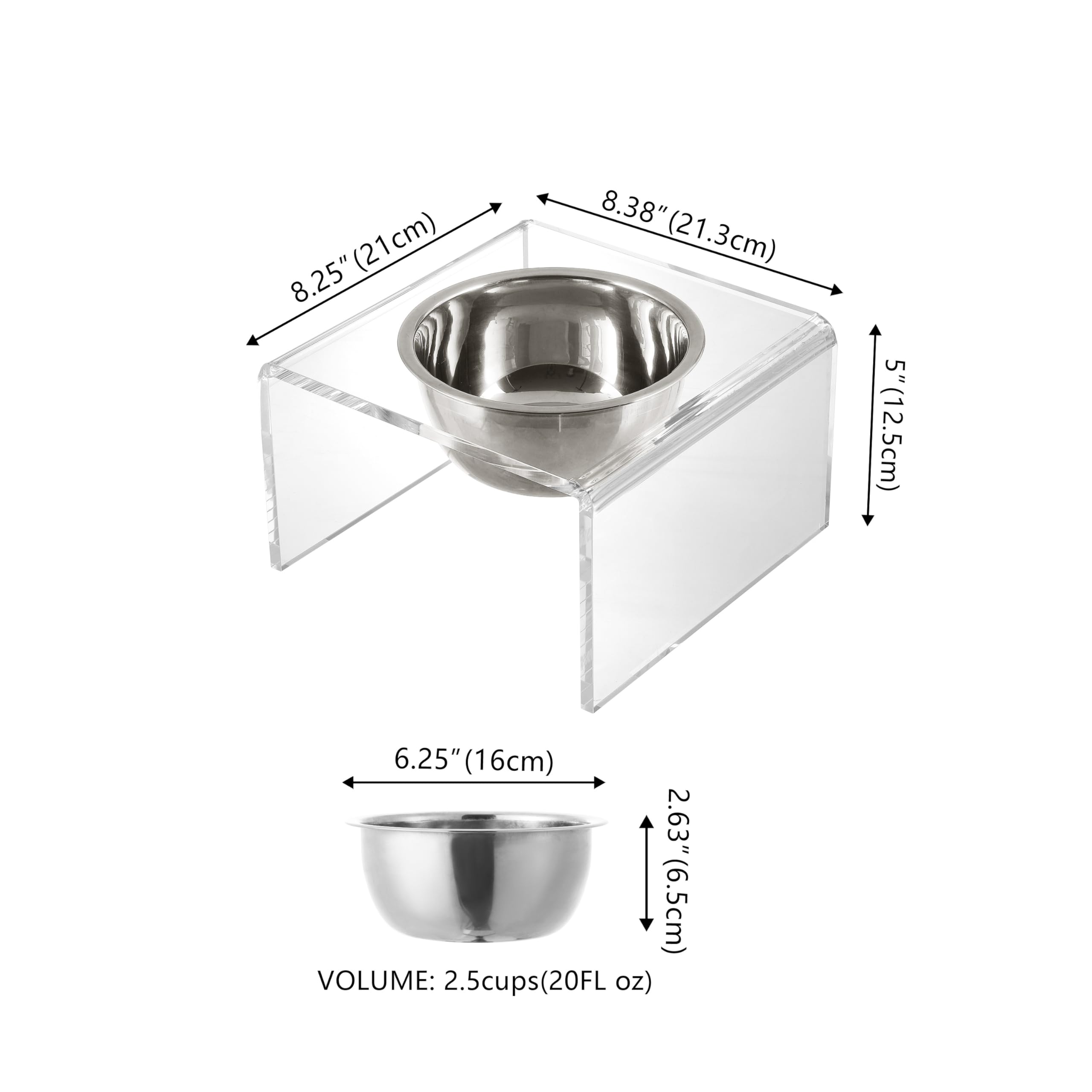The LICKER Store DBL2002A Keaton 5 Small/Medium Modern Acrylic Rectangular Elevated Pet Feeder with 20oz 1-Stainless Steel Bowl,