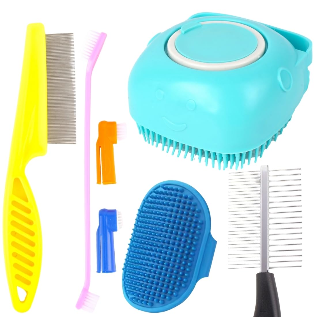 Pet Grooming Kit, 5Piece Dog Brush Set With Silicone Shampoo Brush, Metal Combs, Deshedding Tools, Turquoise, Blue, Yellow