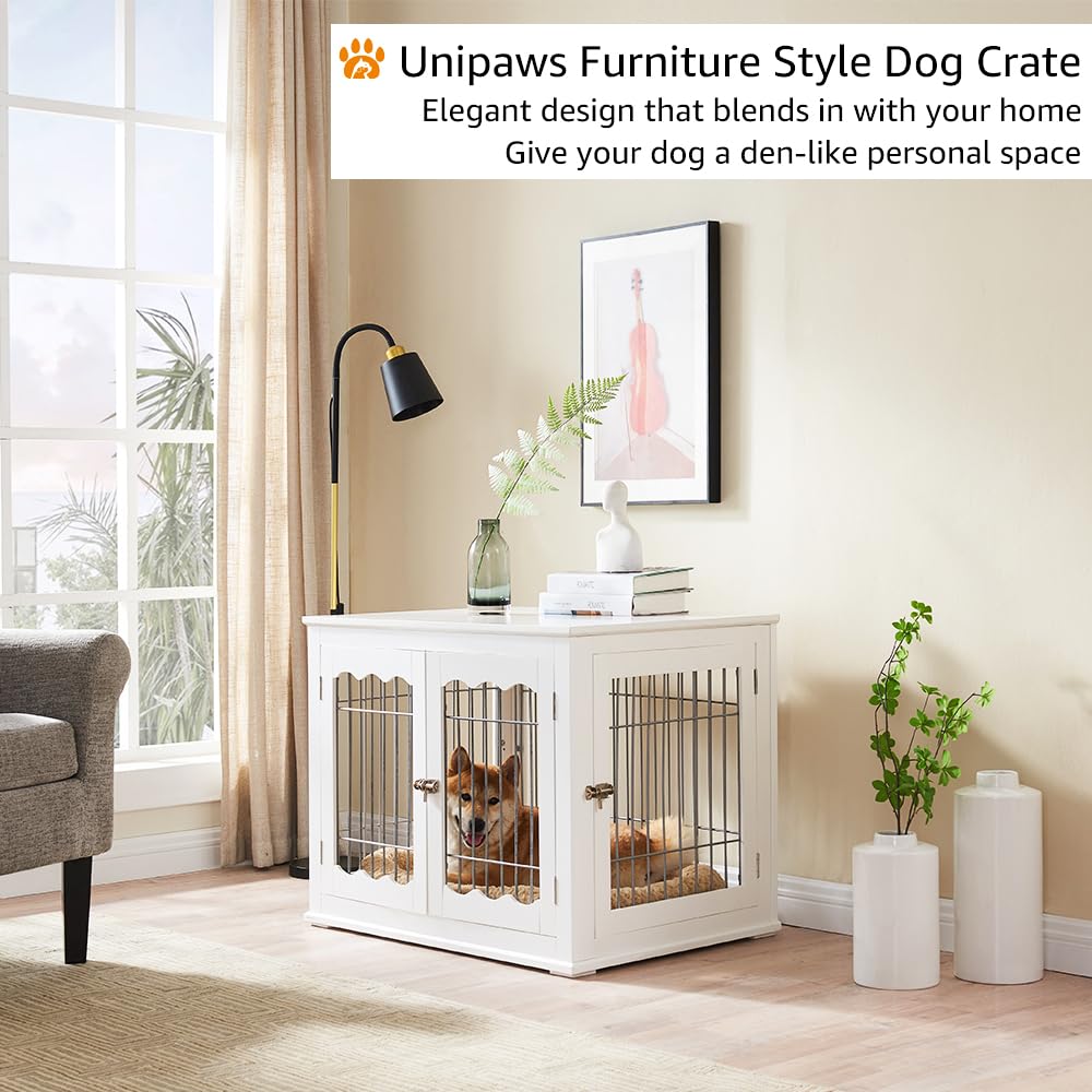 unipaws Furniture Style White Dog Crate for Medium Dogs, Indoor Aesthetic Puppy Kennel, Modern Decorative Wood Wire Pet House Do