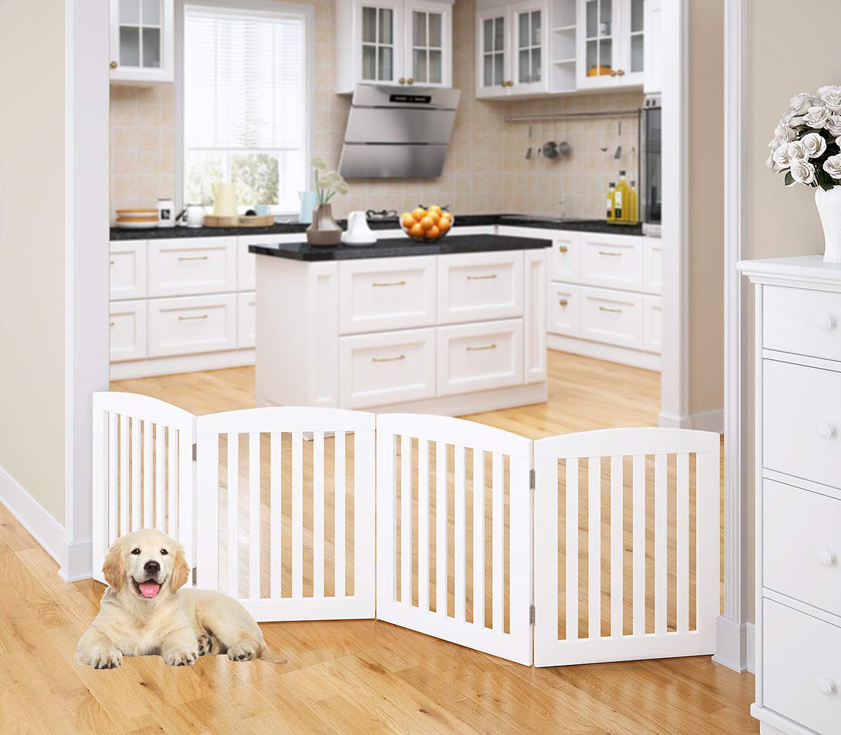PAWLAND Wooden Freestanding Foldable Pet Gate for Dogs, 24 inch 4 Panels Step Over Fence, Dog Gate for The House, Doorway, Stair