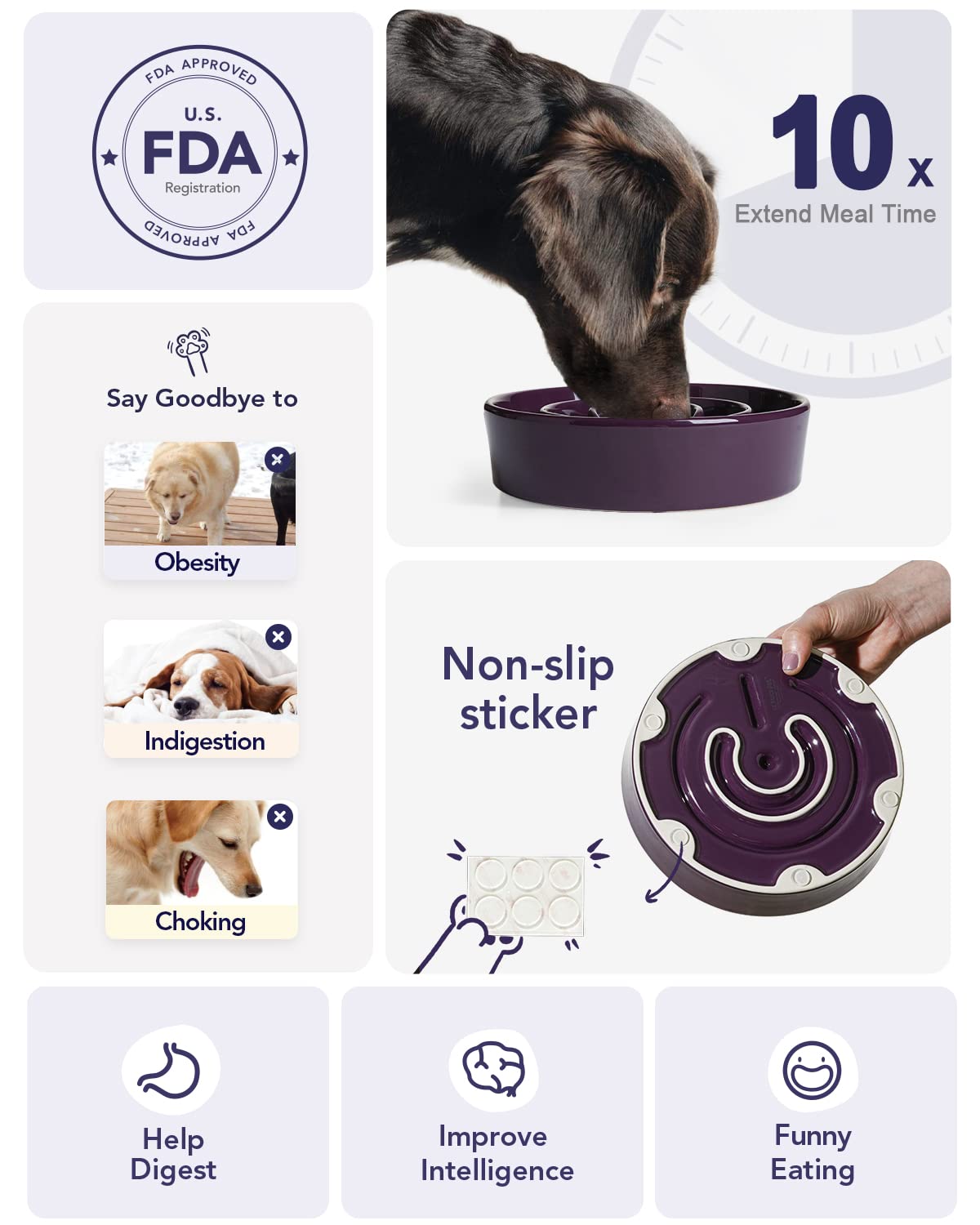 LE TAUCI Slow Feeder Dog Bowl, Ceramic 3 Cups for Medium Large Breeds, Maze Purple, Puzzle Design to Slow Down Eating