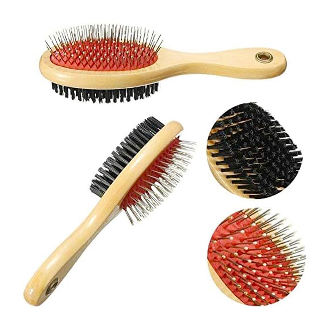 Pets Empire Double Sided Wooden Dog Grooming Brush, Pet Grooming Pin & Bristle 2 In 1 Brush, Fur Cleaner Pin Comb, Pets Detangli
