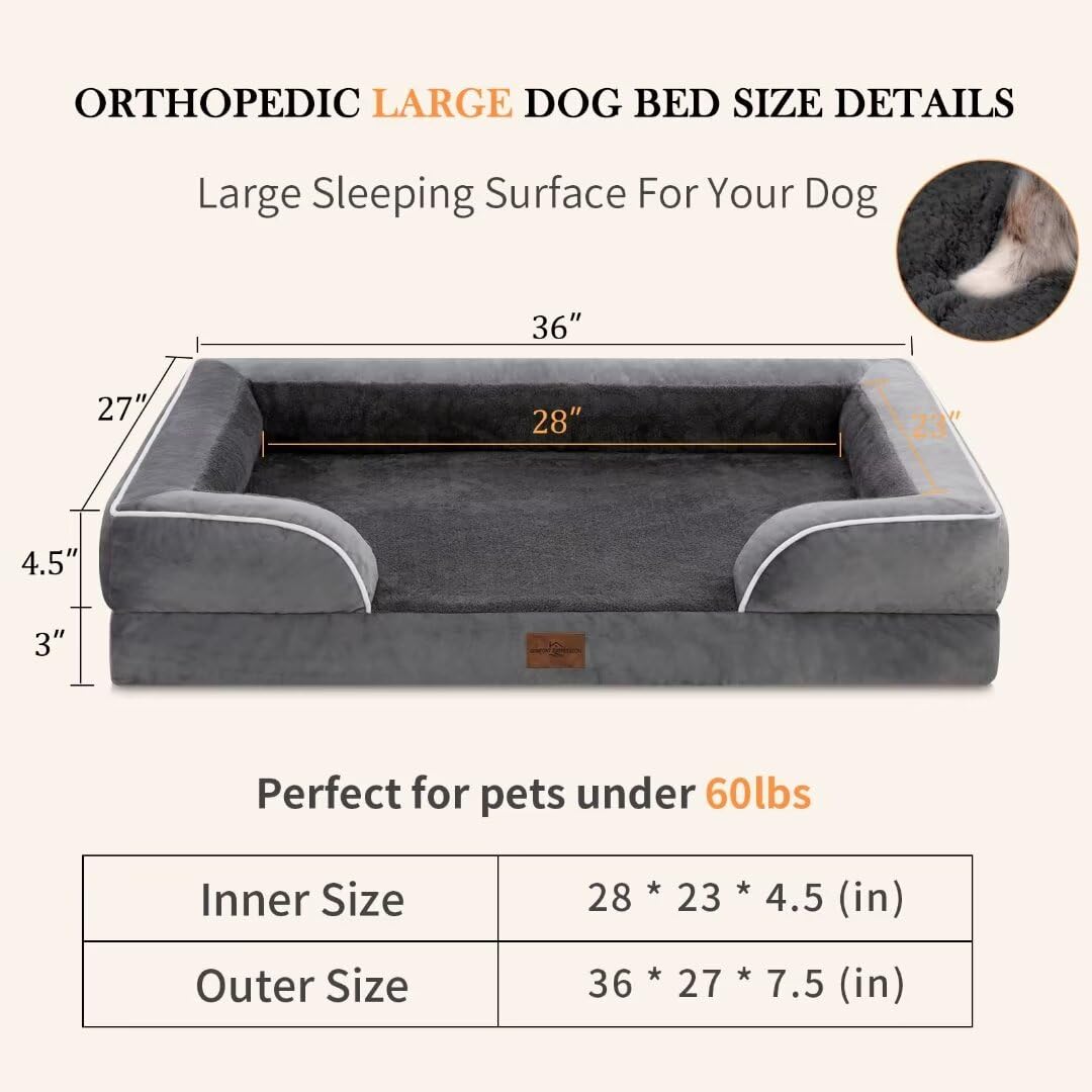 Comfort Expression Waterproof Large Dog Beds Orthopedic Foam Dog Beds For Large Dogs Sofa Comfy Pet Bed With Washable Removable Cover & Non-Slip Bottom(Large,Dark Grey)