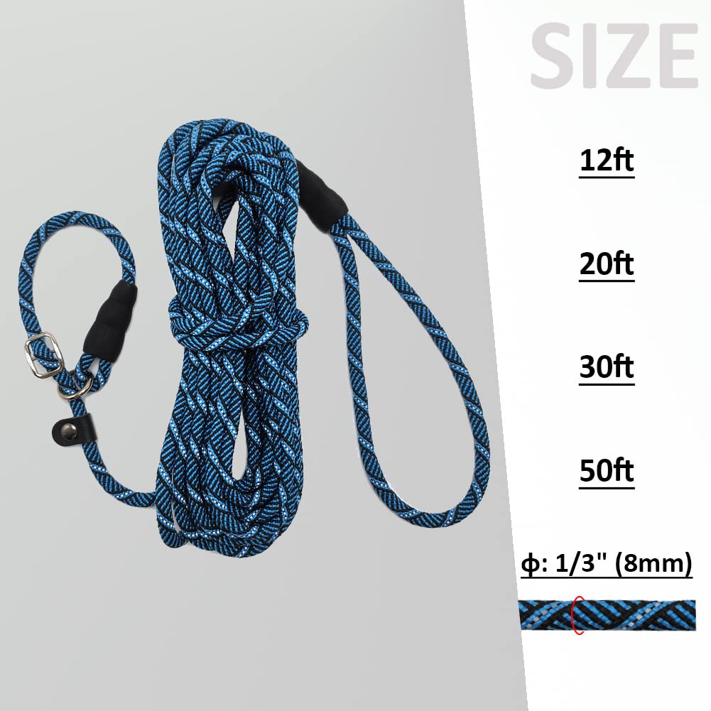 Sepxufore Long Slip Lead Dog Leash Reflective Anti-Choking 12 Ft/20 Ft/30 Ft/50 Ft Rope Training Leash For Medium Dogs Small Puppy Pets (50Ft, Blue)