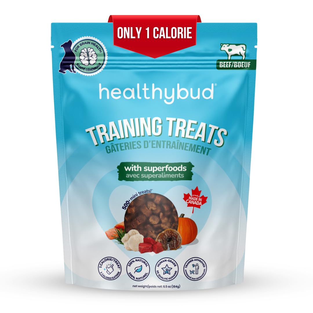 healthybud Mini Dog Training Treats - Beef Liver Soft Trainer Bites, 500+ Bits, 1 kCal per Bite, 6.5oz, Reishi, Lions Mane, Salm