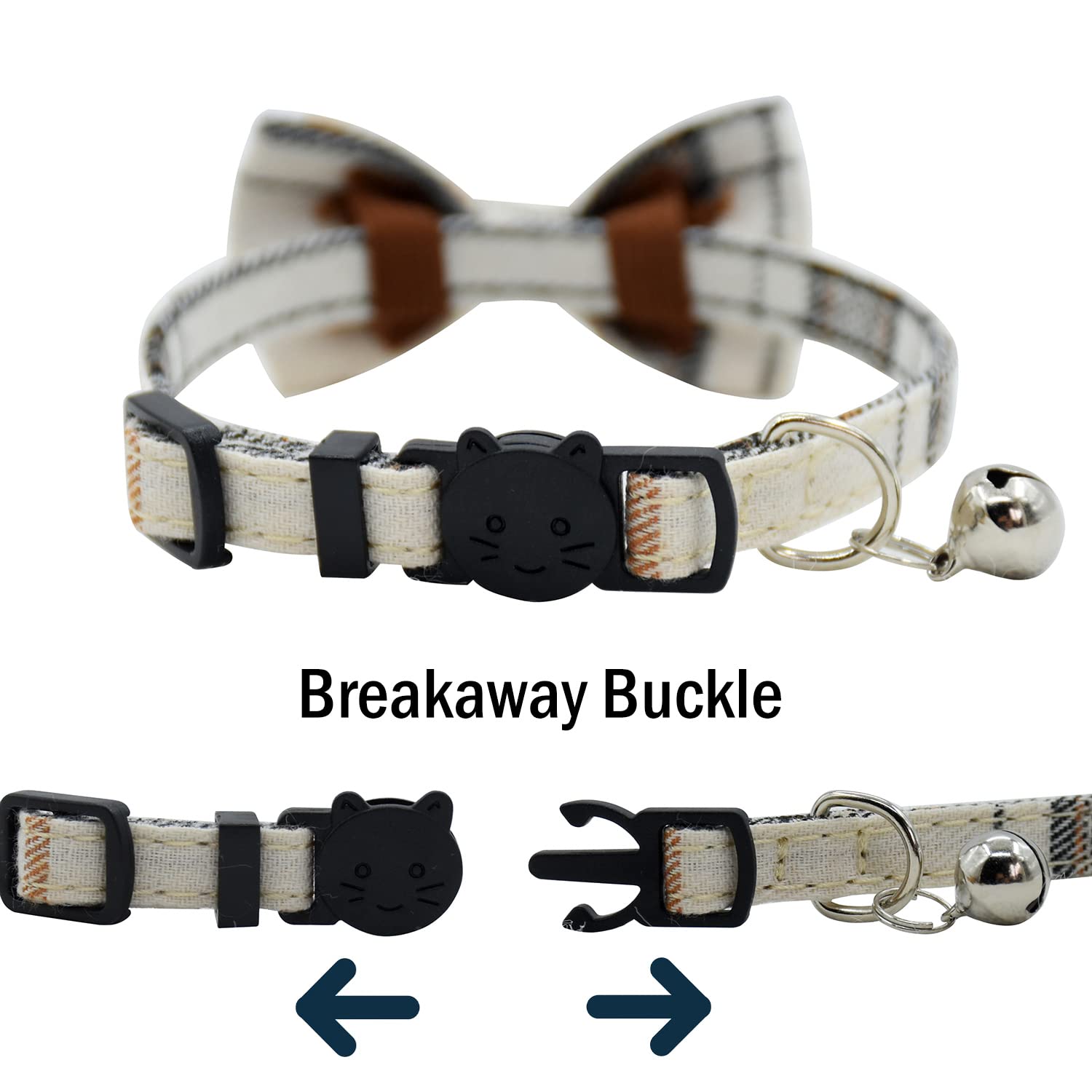 Cat Collar Breakaway With Bell And Bow Tie, Plaid Design Adjustable Safety Kitty Kitten Collars(6.8-10.8In)(White Plaid)