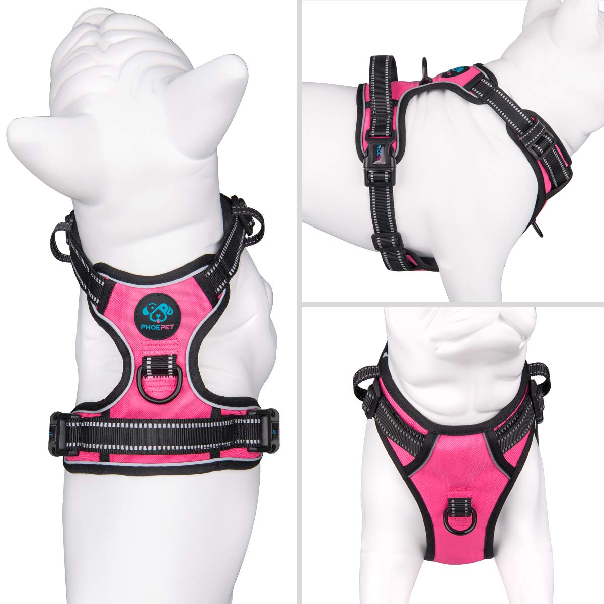 PHOEPET No Pull Dog Harness Medium Reflective Front Clip Puppy Vest with Handle, Adjustable 2 Metal Leash Attachment Hooks(M, Pi