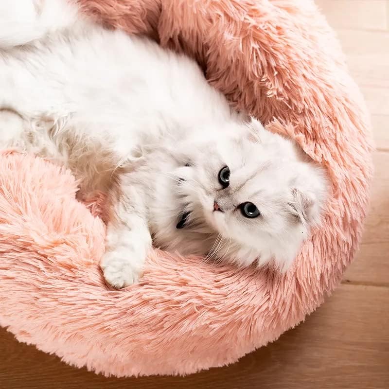 Cat Beds For Indoor Cats - Cat Bed Washable 20/24 Inches, Dog Beds For Small Medium Dogs, Anti Anxiety Round Fluffy Plush Faux Fur Cat Bed, Thick Bottom (Pink, Medium)