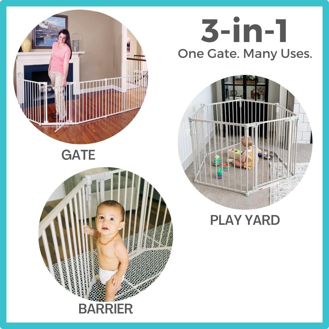 Toddleroo By North States 3 In 1 Metal Superyard 6 Panel Play Yard, Baby Gate, Playpen Or Extra Wide Baby Fence, 151' Wide. Wall Mount Kit Included. 10 Sq Ft Play Yard (30' Tall, Taupe)