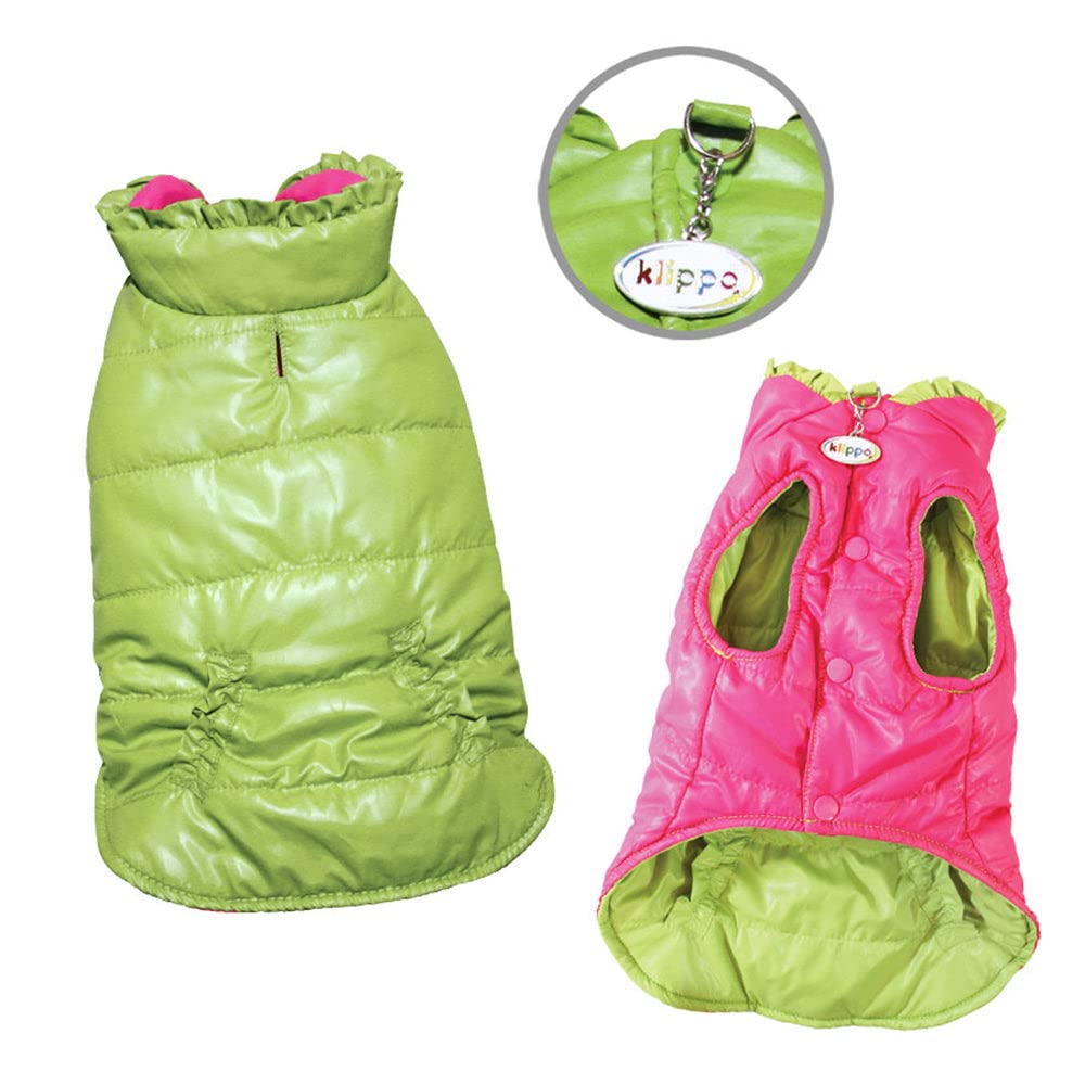 Klippo Reversible Parka Vest/Jacket/Coat with Ruffle Trims - Lime/Pink - LARGE