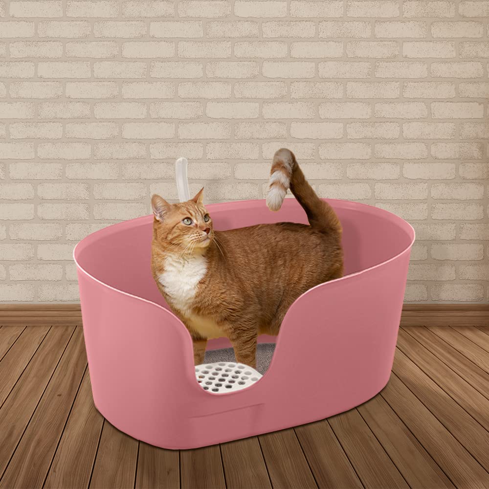 Richell PAW TRAX XL High Wall Cat Litter Box - Salmon Pink, Wide Plastic Pan, Model 60035