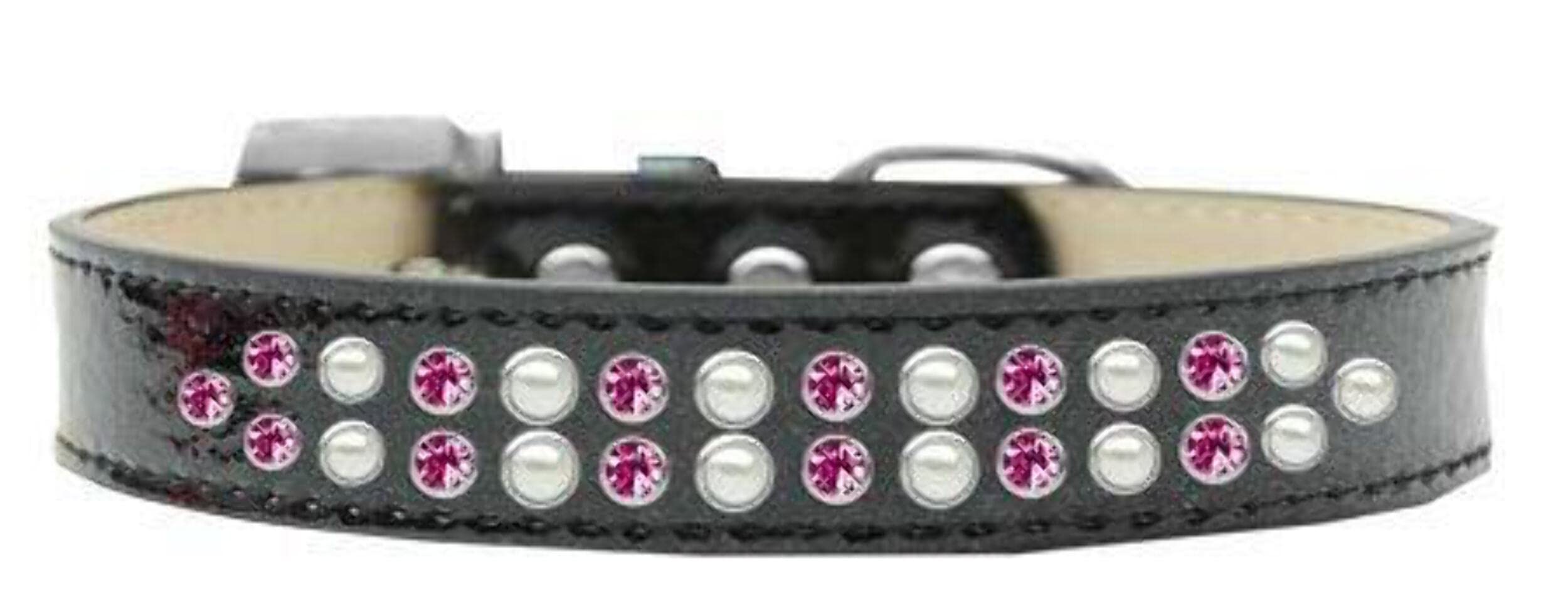Mirage Pet Products Two Row Pearl and Pink Crystal Ice Cream Dog Collar, Size 12, Black