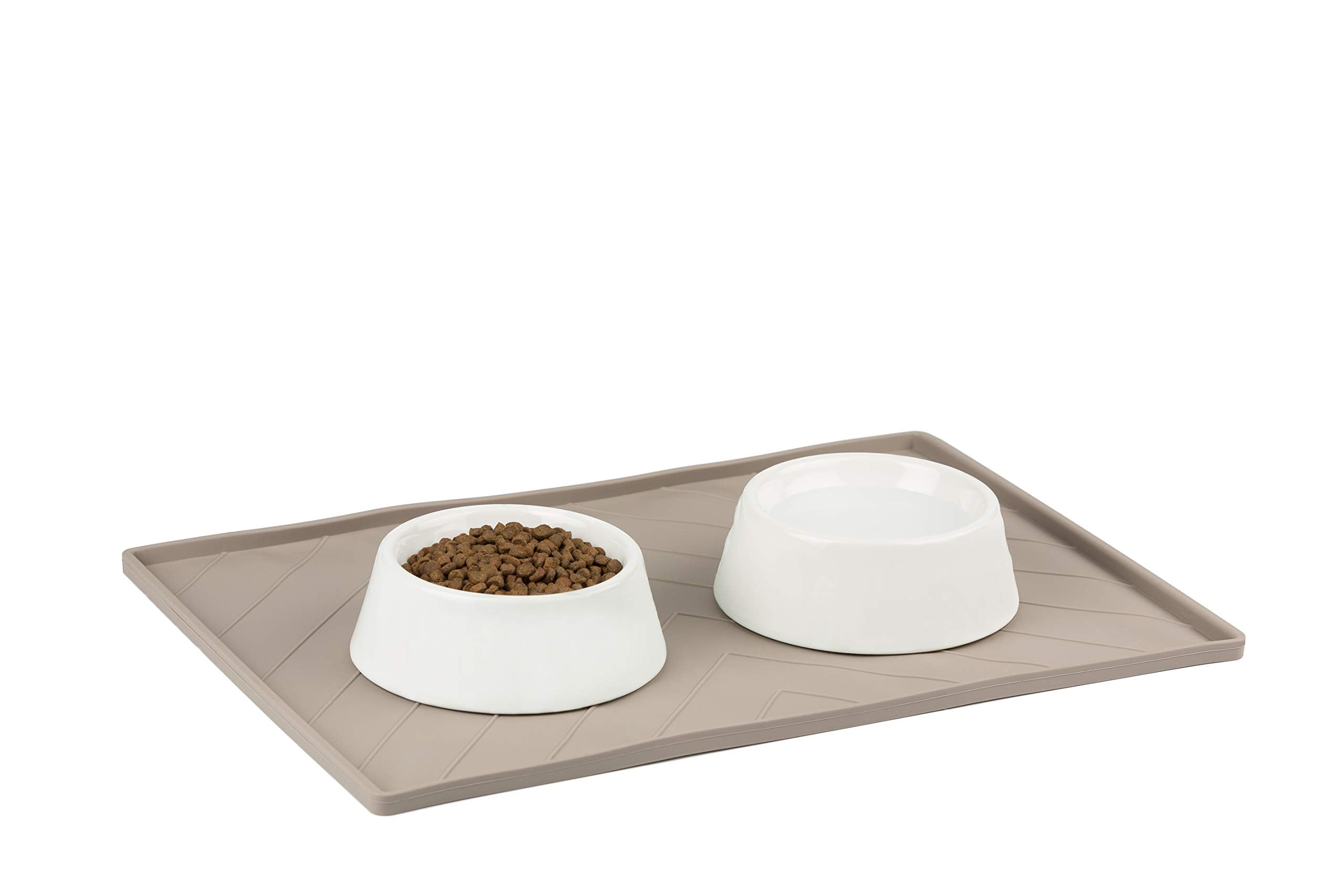 Messy Mutts Silicone Non-Slip Dog Bowl Mat With Raised Edge And Two Sides Reinforced With Metal Rods | Dog/Cat Bowl Mat With Spill-Proof Lip | Medium, 20” X 12” | Dark Grey