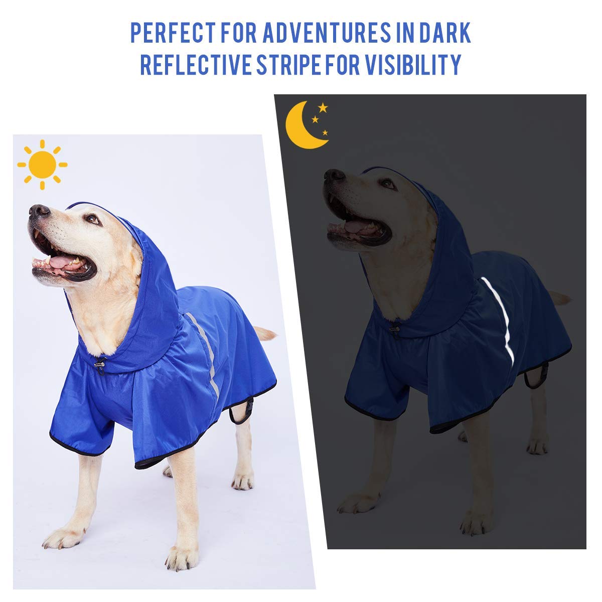 Dog Raincoat For Large Dogs Dog Rain Jacket With Adjustable Belly Strap And Leash Hole - Hoodie With Reflective Strip - Waterpro