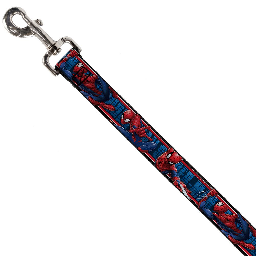 Dog Leash Spider Man 3 Action Poses Bricks Stripe Blues Red White 6 Feet Long 1.0 Inch Wide
