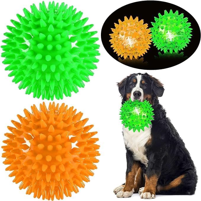 KittuPet 2 Pcs Light Up Squeaky Balls 3.5 Inch for Aggressive Chewers, Large Chew Toys for Teething Dogs, Spikey LED Dog Balls (