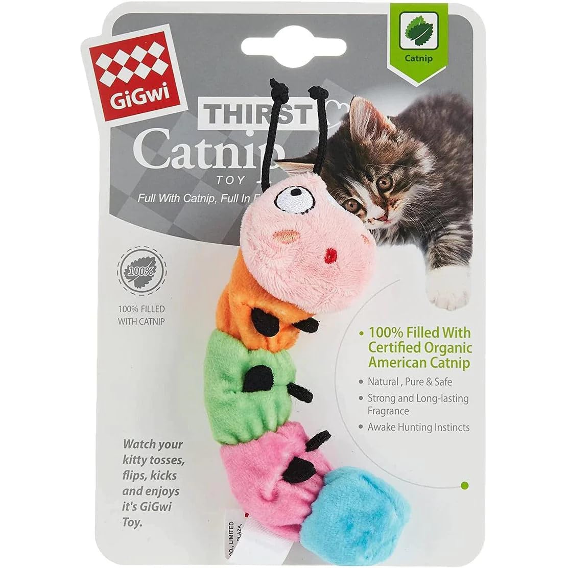 Gigwi Thirst Caterpillar Catnip Toy, Interactive Soft Plush Cat Toy Filled With Organic Catnip, Safe, NonToxic, Natural, LongL