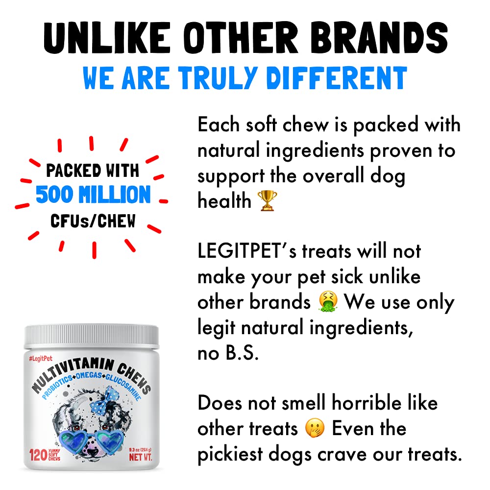 Dog Vitamins - 120 Multivitamins Chews w/Glucosamine Chondroitin, Probiotics Digestive Enzymes and Omegas - Supplement for Overa