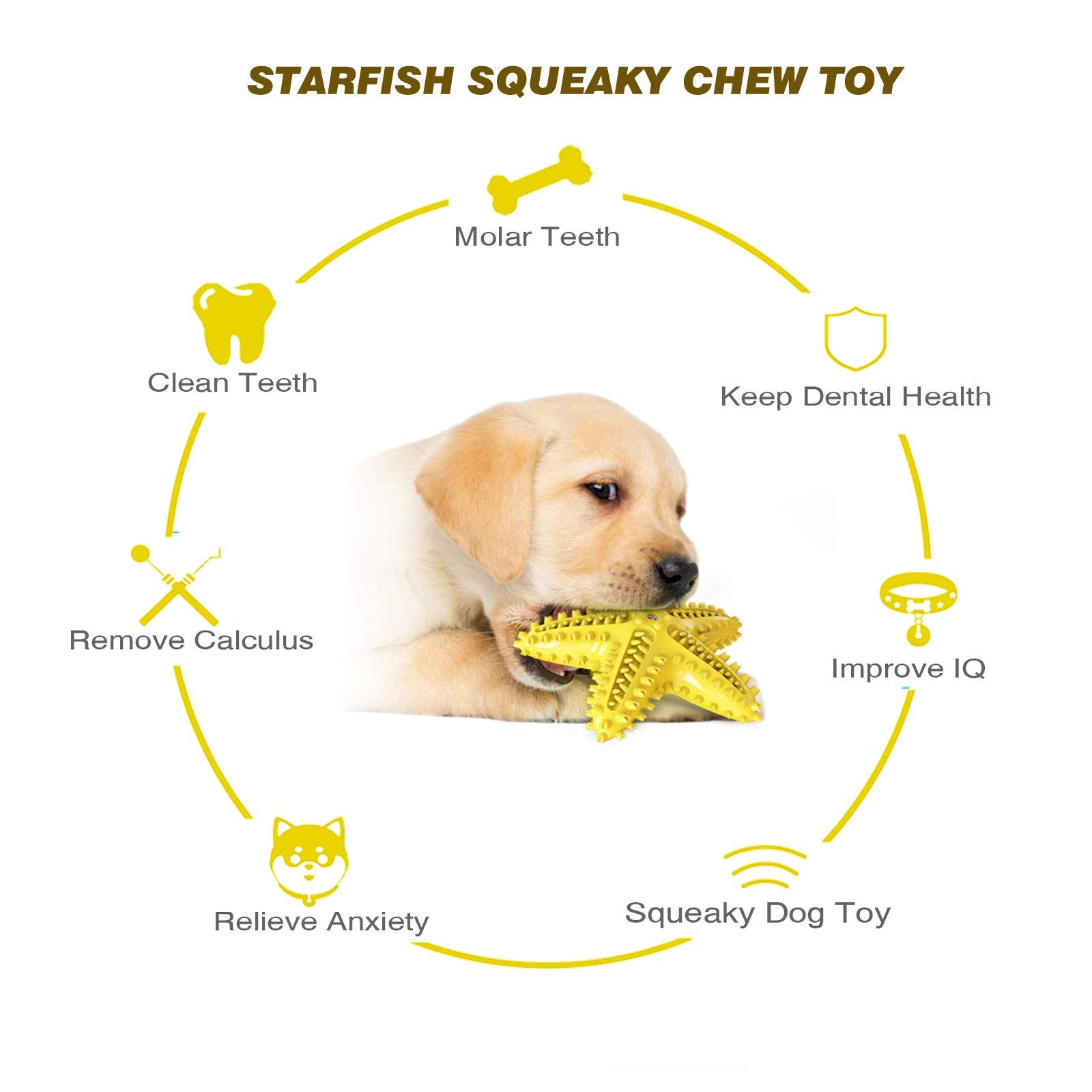 IDOLPET Squeaky Dog Toy - Starfish Rubber Teeth Cleaning Toy for Small & Medium Dogs - Yellow
