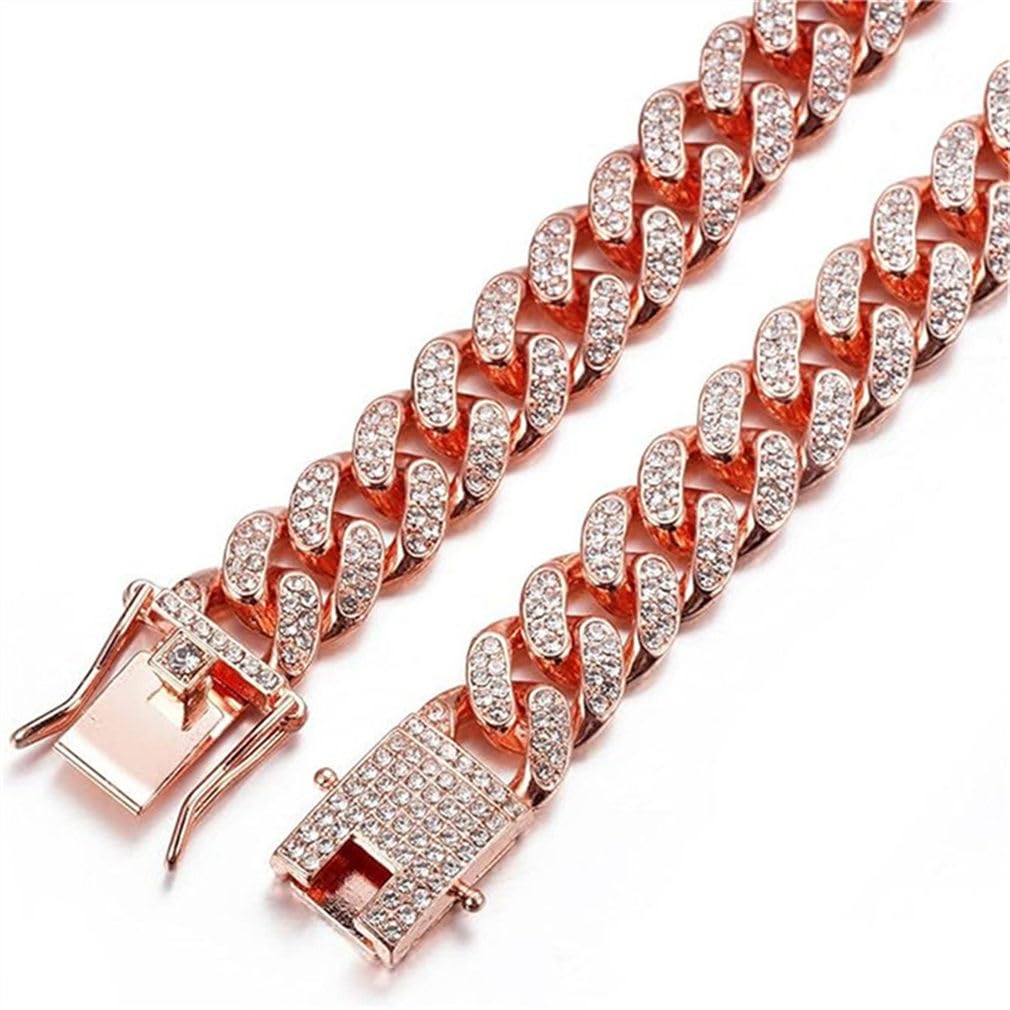 Rose Gold Dog Chain Collars For Medium Dogs, Glitter Rhinestone Sparkly Diamond Metal Necklace Bling Cuban Link Dog Collars For