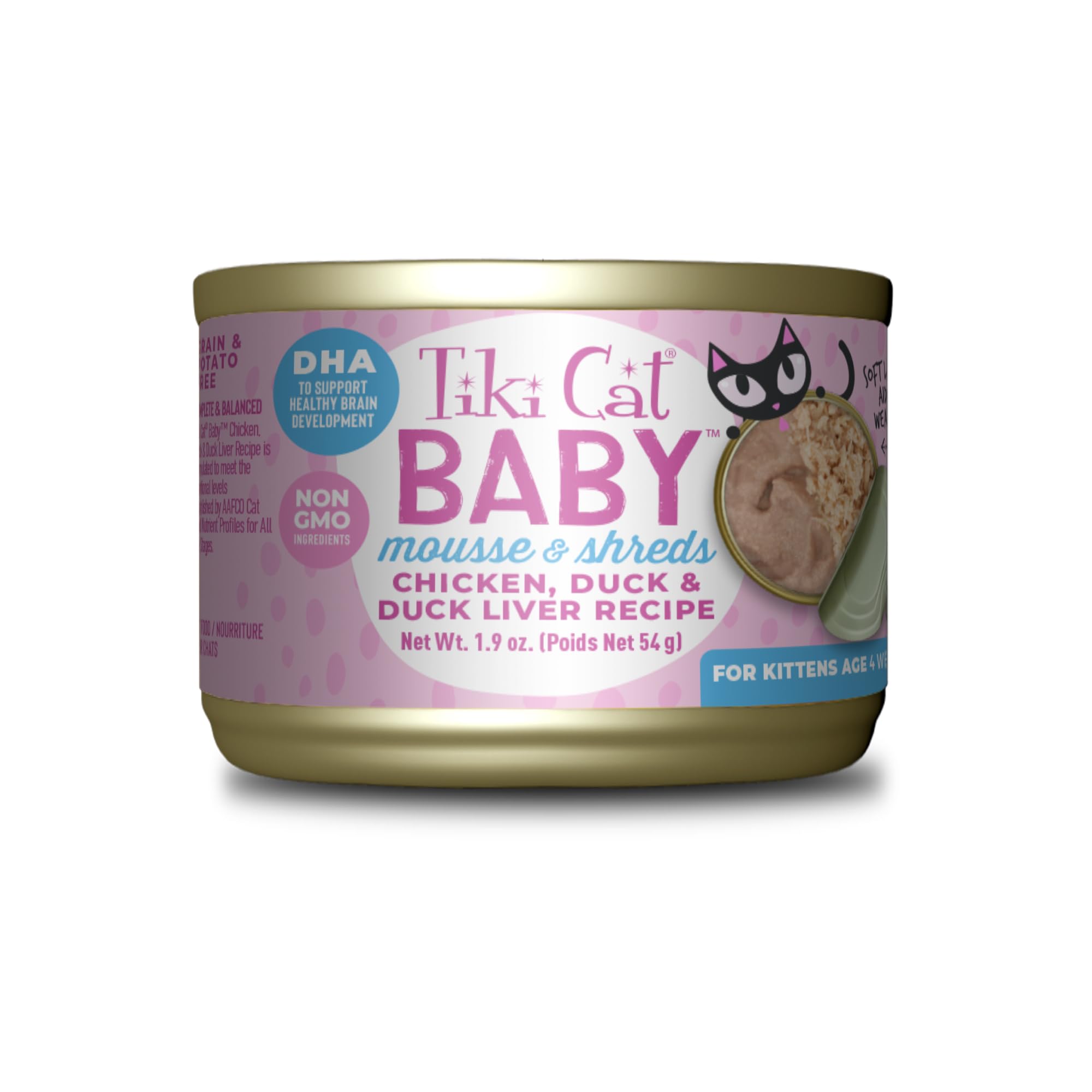 Tiki Cat Baby, Chicken Duck & Duck Liver Mousse & Shreds, High-Protein and Flavorful, Wet Cat Food for Kittens 4 Weeks Plus, 1.9