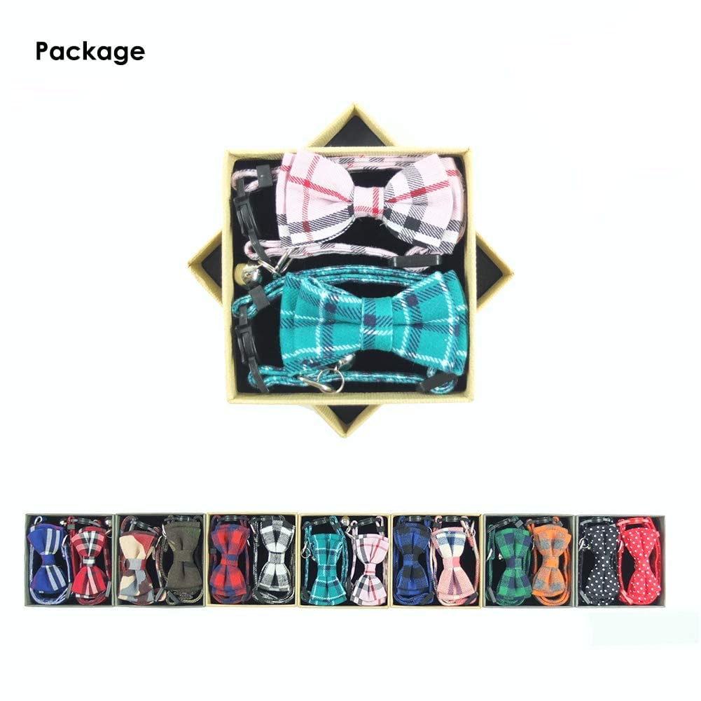 Cat Collar Breakaway With Bell And Bow Tie, Plaid Design Adjustable Safety Kitty Kitten Collars Set Of 2 Pcs(6.8-10.8In) (Pink&Cyan Plaid)