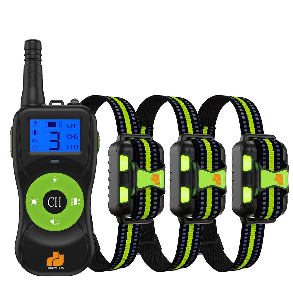 Groovypets 880 Yard Remote Dog Shock Collar Waterproof No Bark Training E-Collar, 3 Distinctive Beeping Sound, Adjustable 100 Shock Vibration Levels For Small Medium Large Dogs (3-Dog Set)