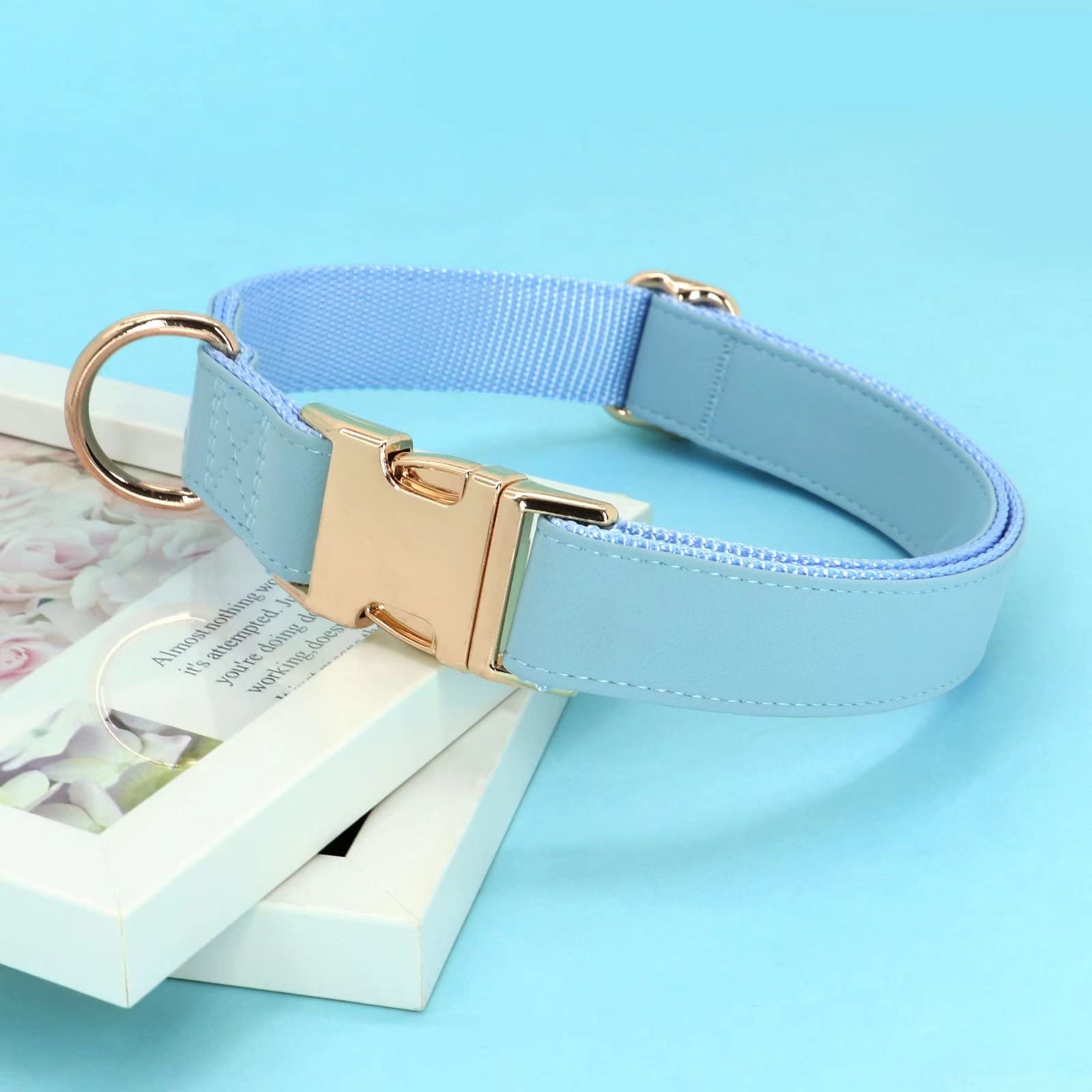 Pet Artist Charming Nylon Dog Collar With Leather Soft Comfy Elegant Nylon Collars For Dogs Small Medium Large 4 Bright Solid Color For Choosing Blue Red Brown Grey (Blue,Neck Fit 16-27'')