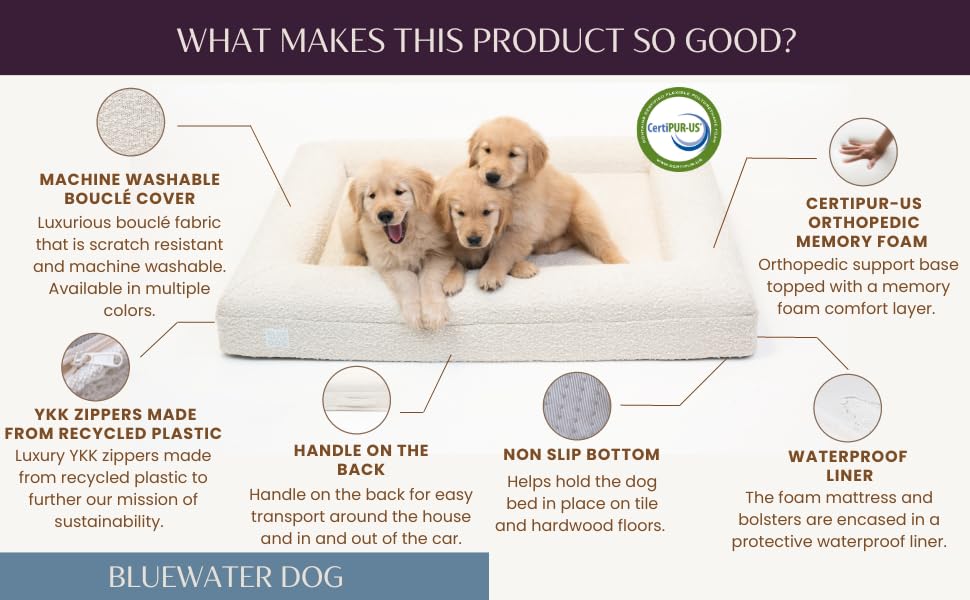 Bluewater Dog Luxury Boucle Orthopedic Memory Foam Dog Bed With Waterproof Liner And Machine Washable Cover With Ykk Zippers (Me