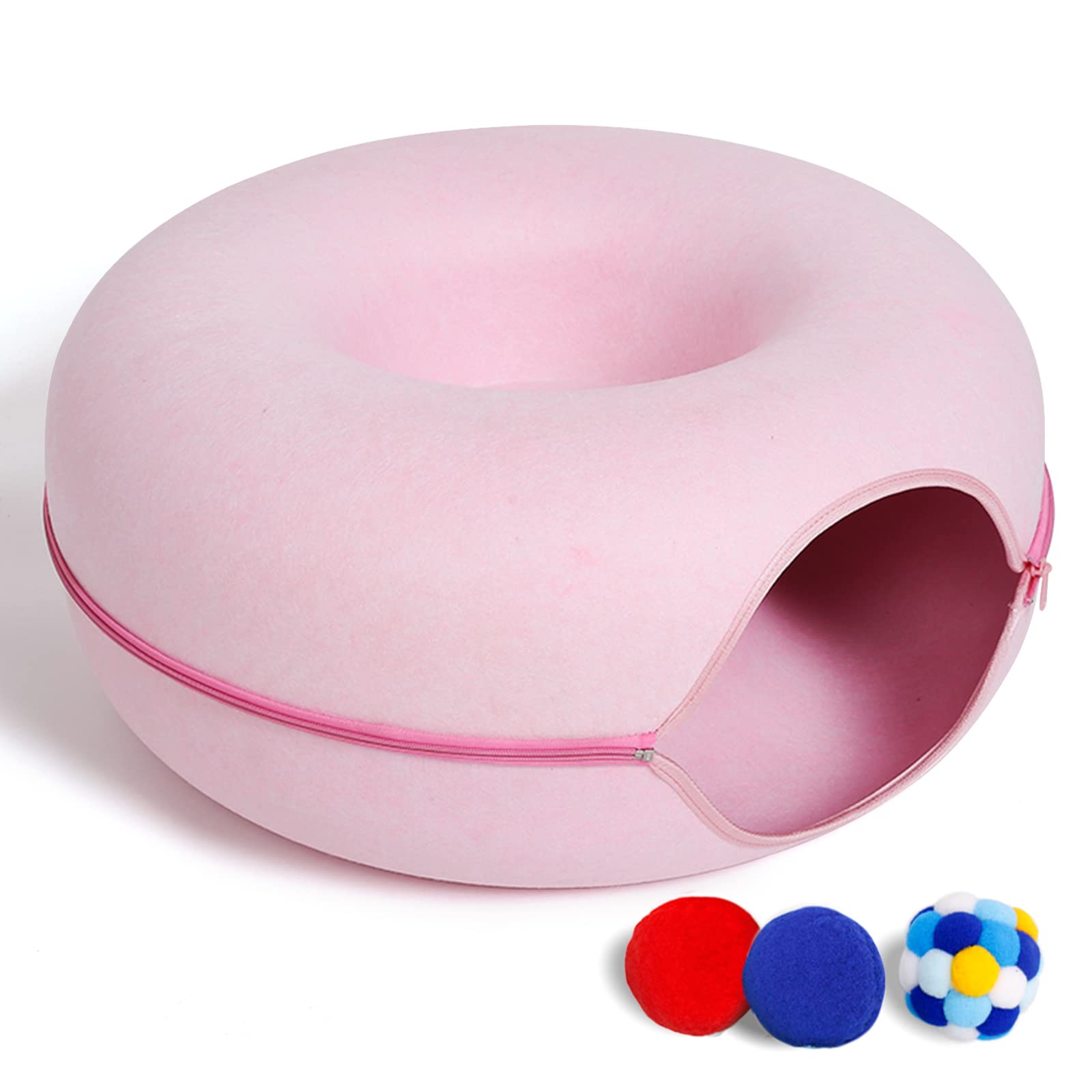 Large Cat Tunnel Bed For Indoor Cats With 3 Toys, Scratch Resistant Donut Cat Bed, Up To 30 Lbs (L 24X24X11, Pink)