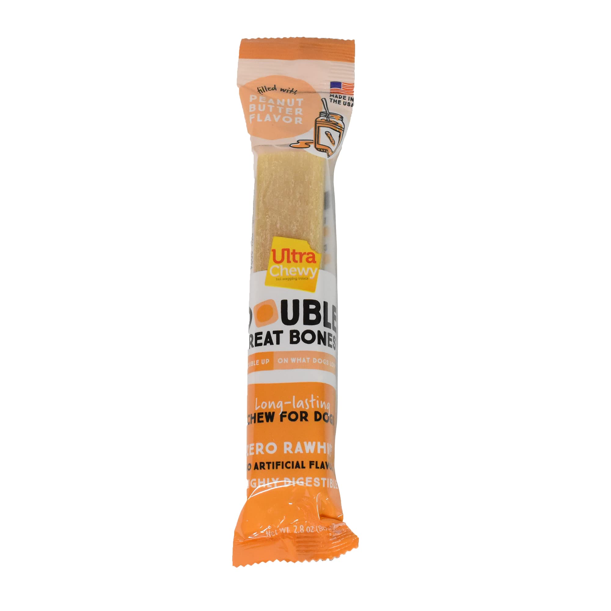 Ultra Chewy Peanut Butter Double Treat Bones: Long-Lasting Dog Treats Made in USA for Large and Small Breeds, Highly Digestible,