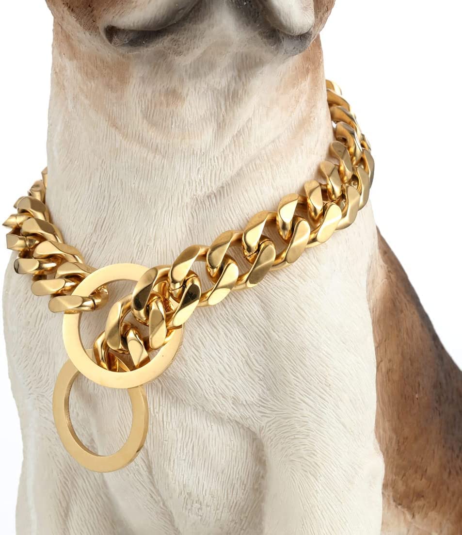 Rumypet Gold Dog Collar 18K Gold P Chain 11Mm/15Mm/19Mm Cuban Link Chain Collar Walking Trainning For Small Medium Large Dogs 12