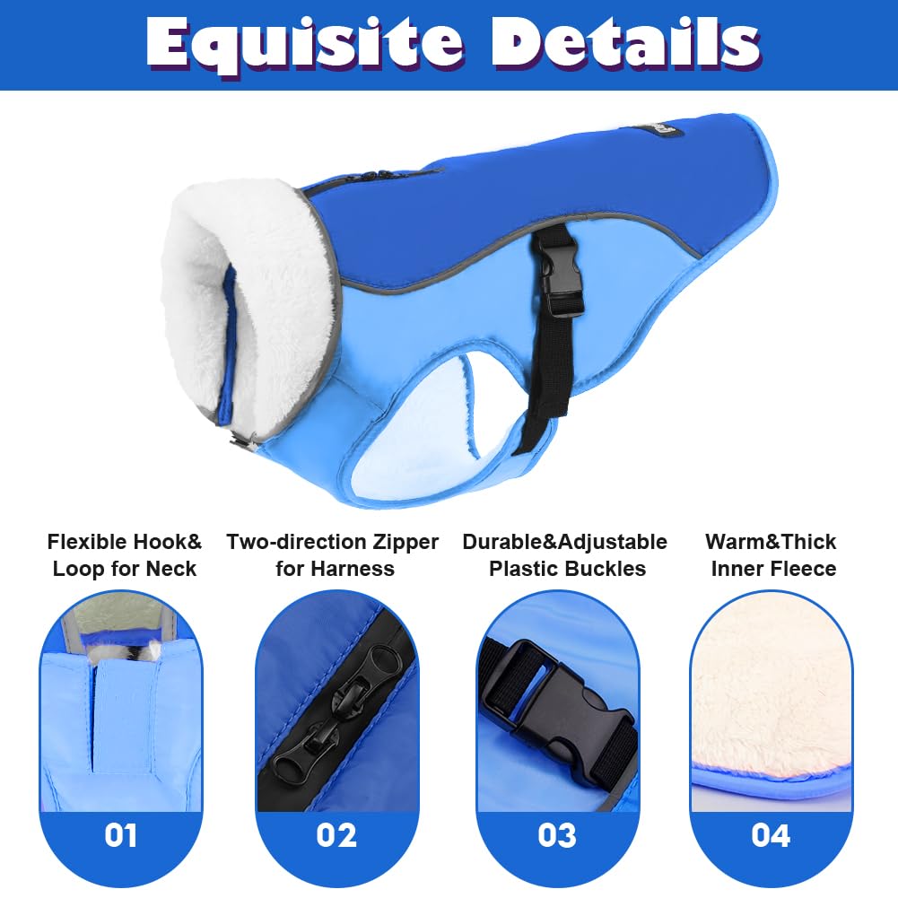 EMUST Dog Coat Winter, Warm Dog Snow Jacket for Winter, Adjustable Small/Medium/Large Dog Coat/s for Winter, New Blue, L