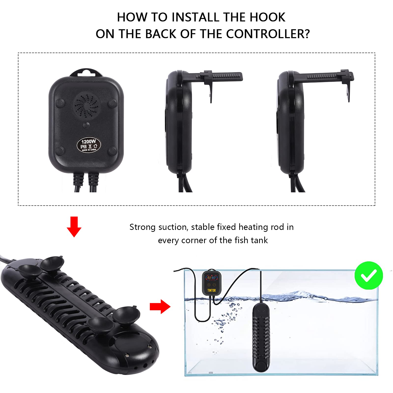Submersible Aquarium Heater, 800W/1200W Fish Tank Heater, Double Tube Heating, Rapid Heating And Energy Saving, Led Digital Temperature Controller, Suitable For Sea Water And Fresh Water(1200W)