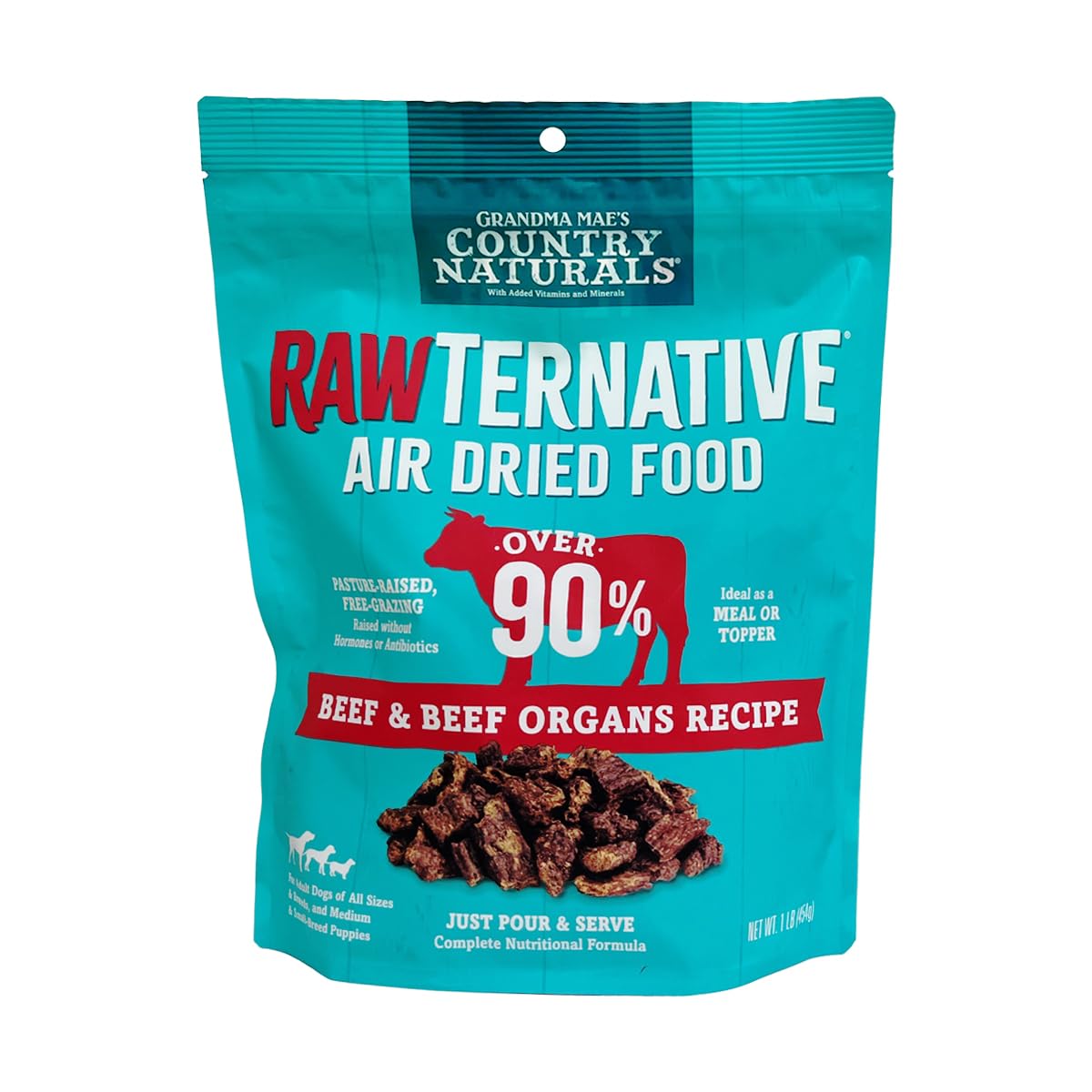 Grandma Maes Country Naturals RawTernative Air Dried Dog Food. (1LB Beef & Beef Organs)