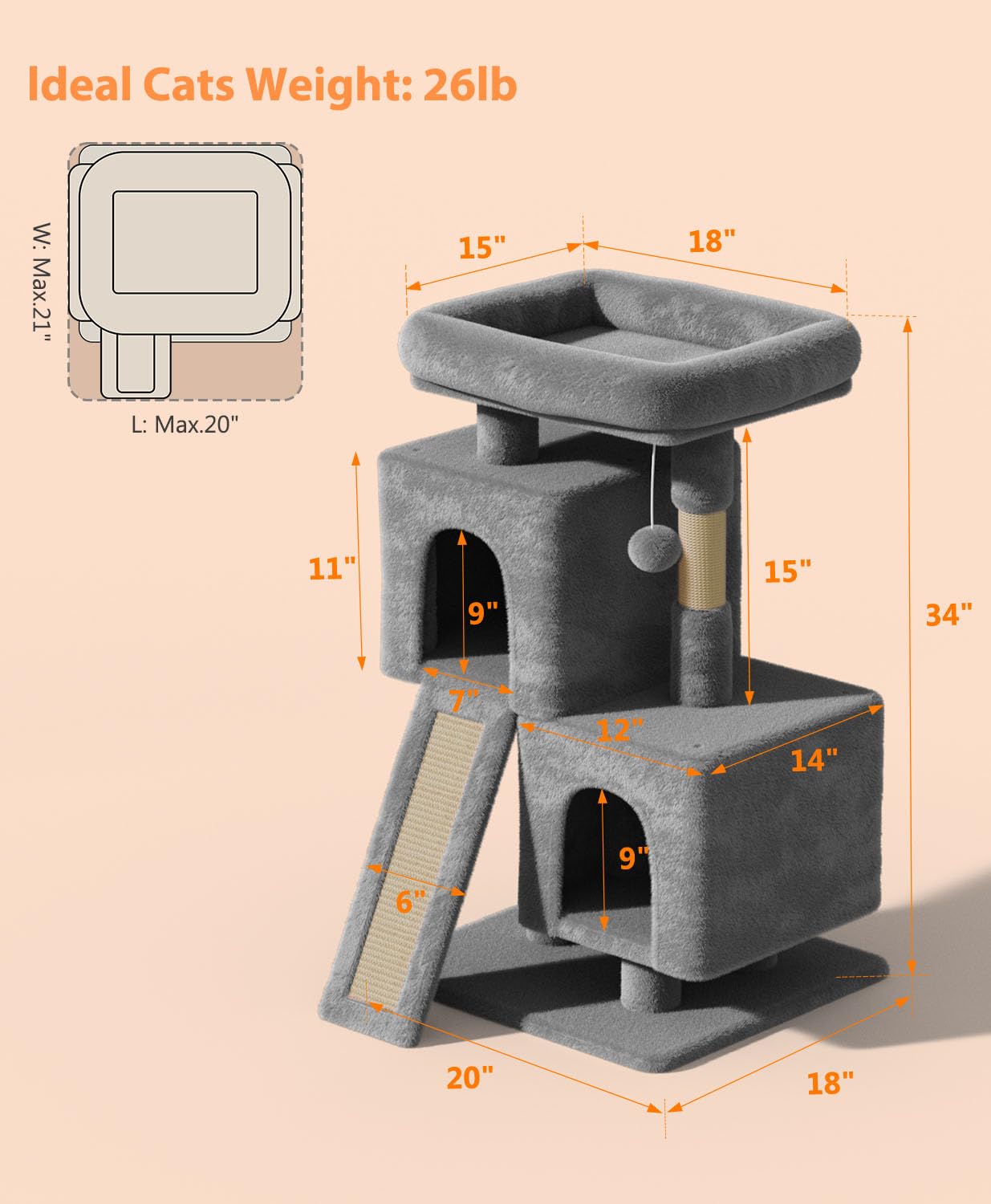Os Motor Cat Tree Tower For Indoor Cats Large Adult,Cute/Tall Modern Cat Tree For Big Cats 20 Lbs,34''Plush Multi-Level Cat Cond