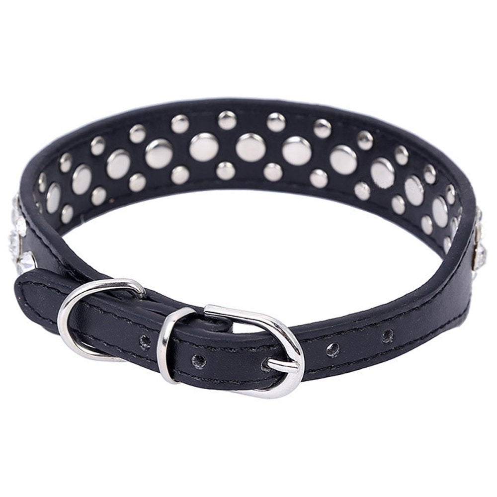 Dogs Kingdom 10''-24'' Length Personalized Rhinestone Leather Bling Crystal Pet Dog Cat Collars For Small Medium Breeds Black Xx