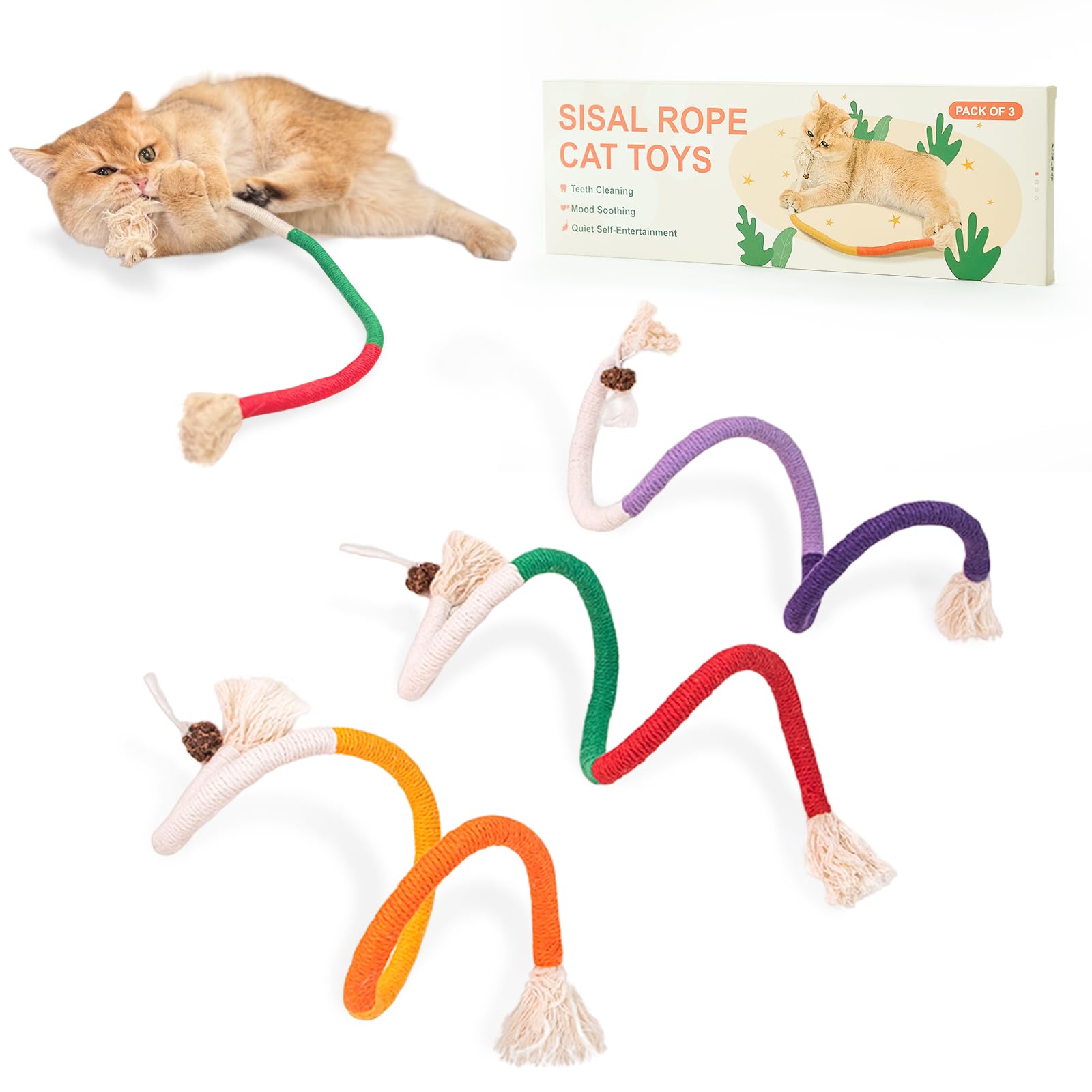 Gochanmon Cat Toys Chew Ropes,3Pcs Natural Catnip Chewing Rope,Safe Teeth Cleaning Toy For Indoor Kittens,Interactive Cat Nip Ki
