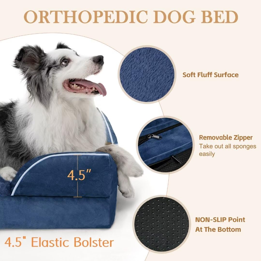 Comfort Expression Large Dog Bed - Waterproof Orthopedic Foam, 36"x27", Navy Blue, Washable Cover, Non-Slip Bottom