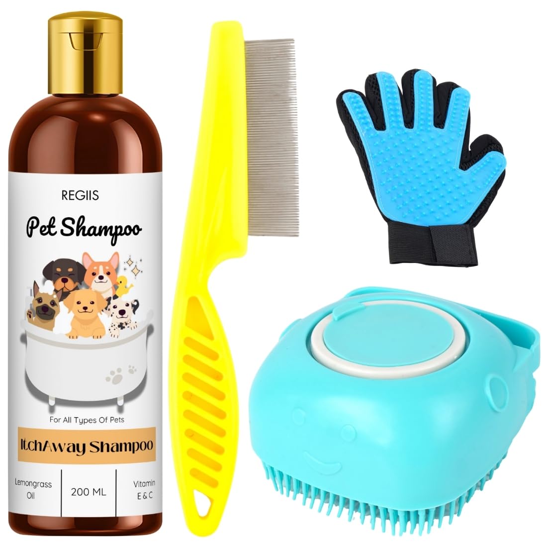 Regiis Pet Grooming Kit, 4Piece Set With Itch Away Shampoo 200Ml, Deshedding Glove, Massage Brush, Flea Comb For Dogs, Cats