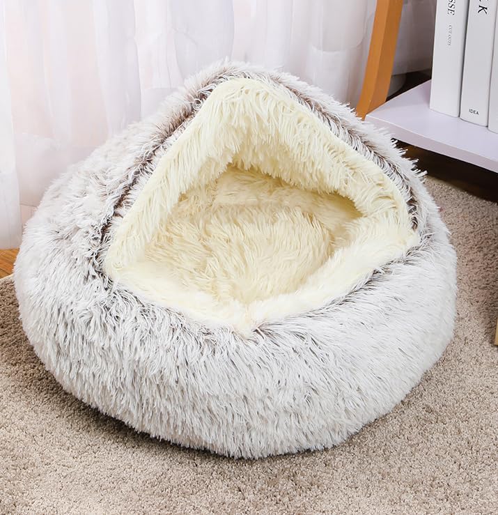 Coffee Cat Bed Round Fluffy Hooded Donut Cave With Non-Collapsed Plush Cover For Indoor Cats - Calming Dog Beds Anti-Slip Waterp