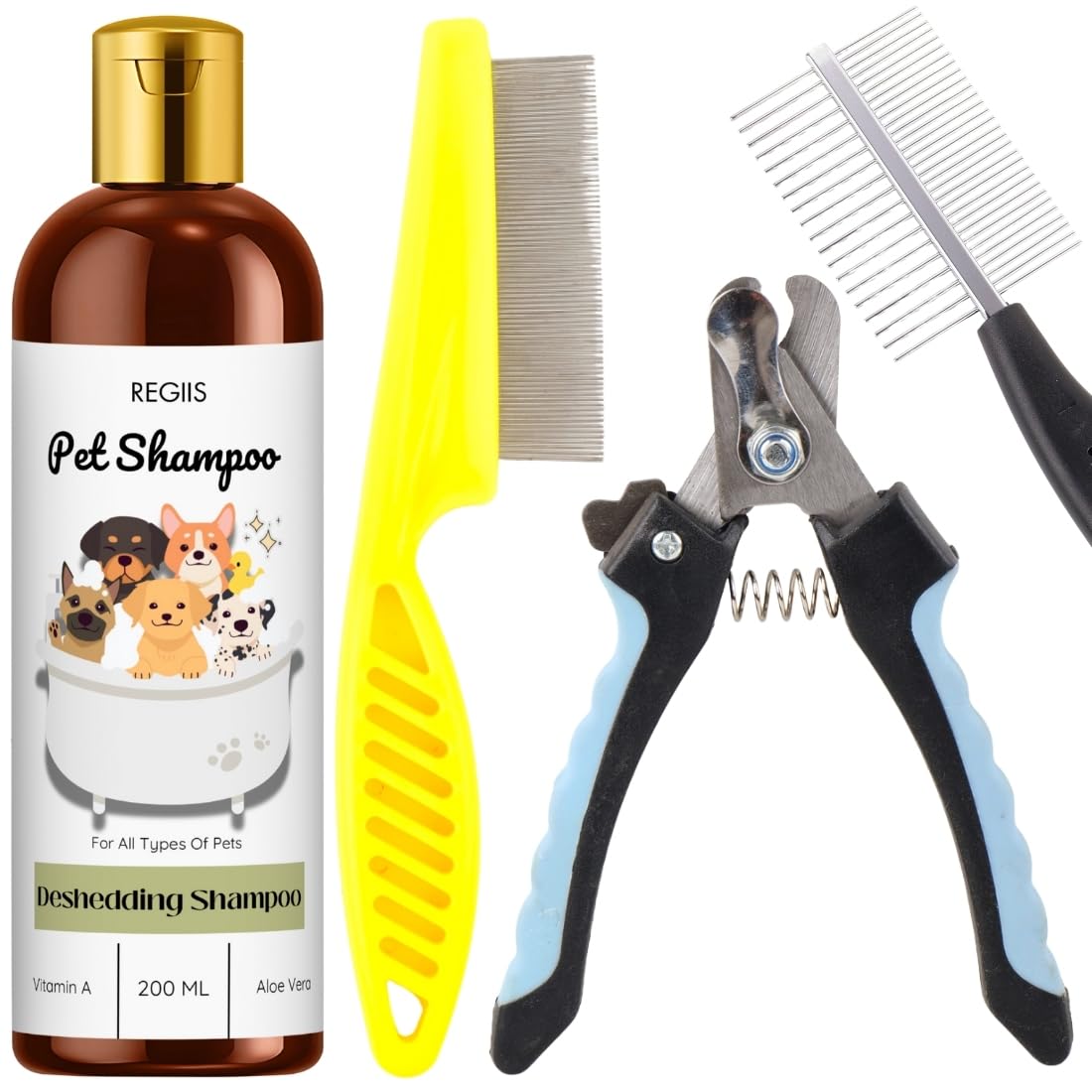 Regiis Pet Grooming Kit With Deshedding Shampoo 200Ml, Dog Nail Clipper, Metal Comb(Pack Of 4)