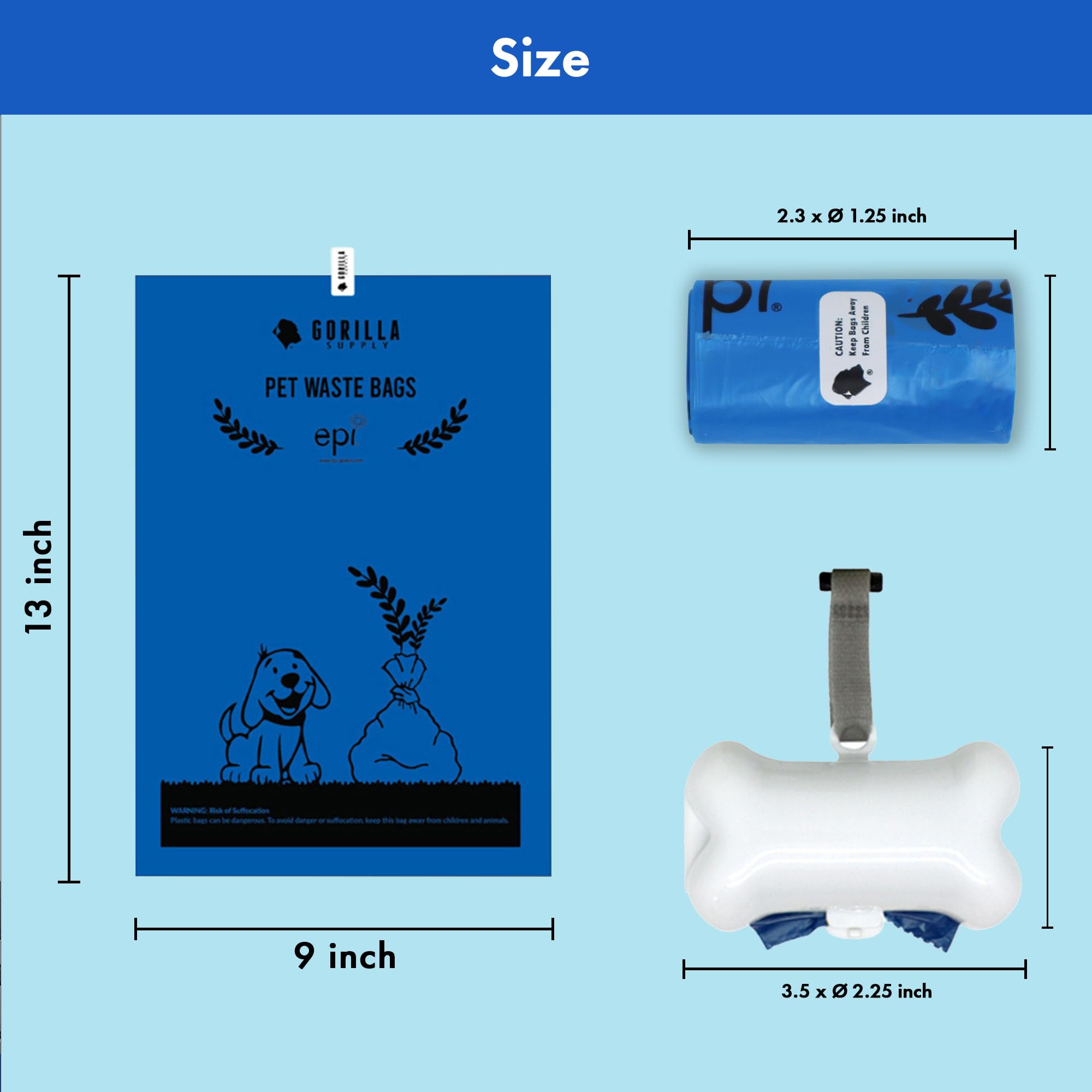 GORILLA SUPPLY Dog Poop Bags - 1000 Count, Blue, 9 x 13, Plastic, with Dispenser & Leash Tie, Model 1000-BL-PO
