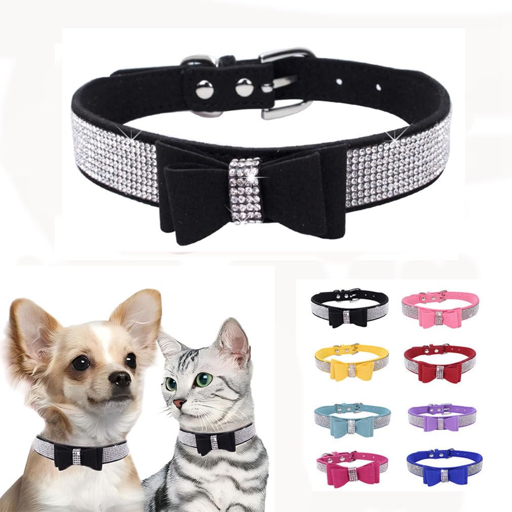 Black Xxs Dog Collar, Rhinestone Puppy Collar Boy, Diamond Bling Jewel Glitter Sparkly Bedazzled Pet Collars With Bow Adjustable