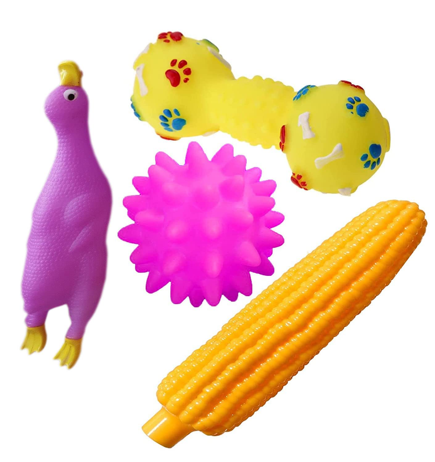 W9 Pet Products Combo Of 4 Soft Latex Rubber Interactive Squeaky Toys For Small Puppy Pink Duck, Dumbbell, Corn, Spike Ball